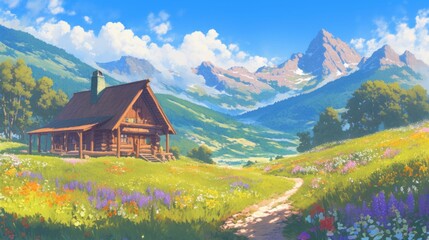 Obraz premium Idyllic mountain cabin nestled in a vibrant wildflower meadow, majestic peaks in the background.