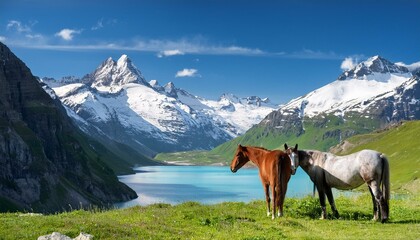 Two Horses Grazing in a Scenic Mountain Valley with Snow-Capped Peaks, Lush Green Hills,
