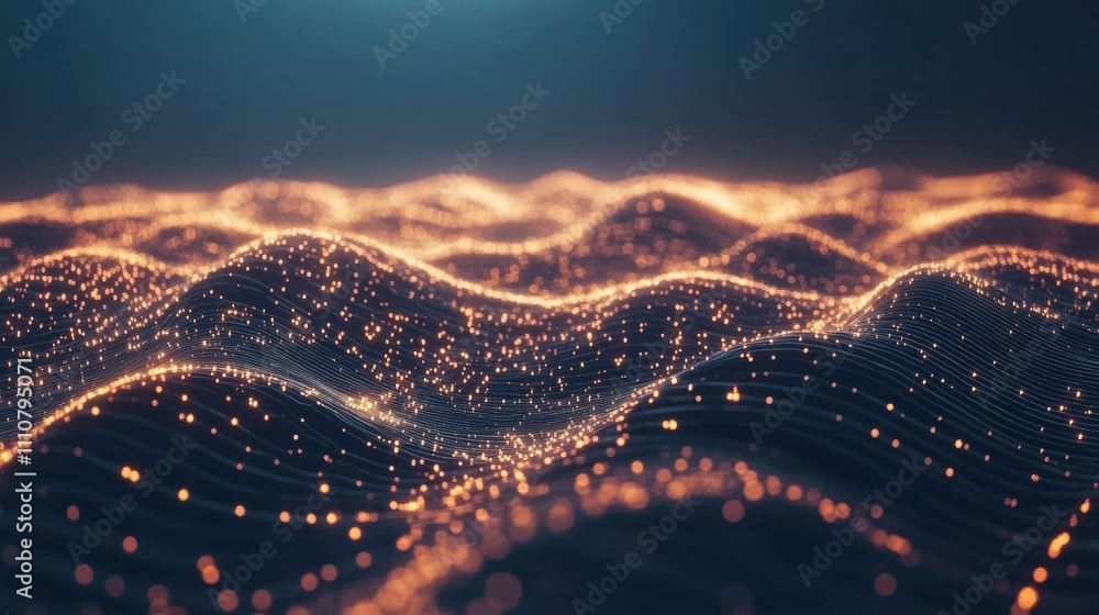 Poster abstract glowing waves with shimmering particles in dark background