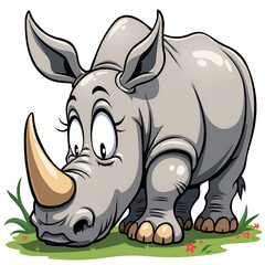 Fototapeta premium A playful cartoon rhino grazing in a vibrant meadow with cheerful expression, digital illustration of cartoon animal concept.