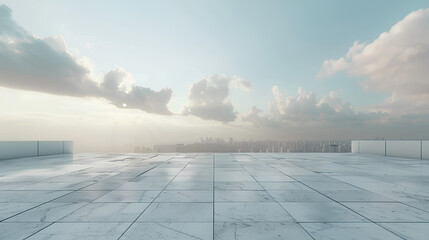 Empty wooden floor with cityscape background, skyline, and sea view of a street in the modern coastal industrial district of Abu Dhabi at sunrise.