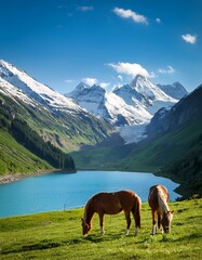 Two Horses Grazing in a Scenic Mountain Valley with Snow-Capped Peaks, Lush Green Hills,