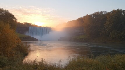 Obraz premium A serene view of a waterfall at sunrise, surrounded by lush greenery and mist.