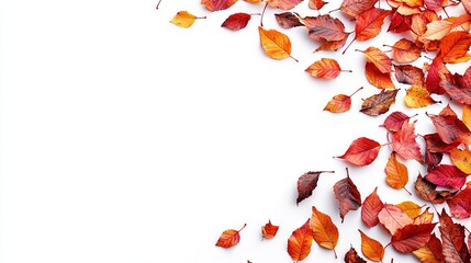 A photostock image of a forest path covered in colorful autumn leaves on a pure white background