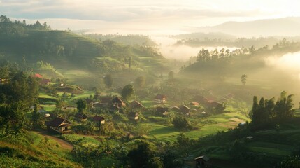 Sunrise over misty mountain village. (1)
