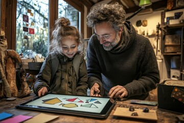 Fototapeta premium Grandfather and Granddaughter Using Tablet to Learn Shapes in Workshop
