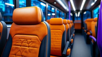 Interior of a modern bus showcasing stylish orange and black seating, emphasizing comfort and contemporary design.