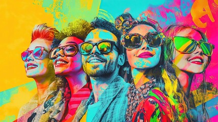 Sketch image trend composite colorful popart 3D collage of a group of diverse people