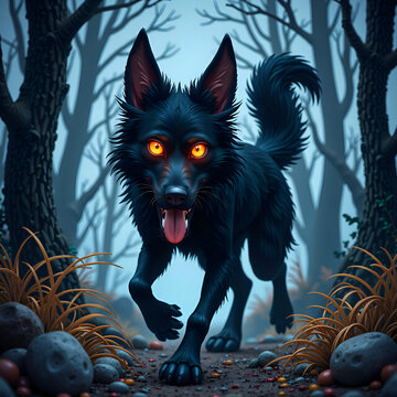 A mysterious black dog with glowing eyes emerges from the misty forest, digital art of fantasy creature concept.