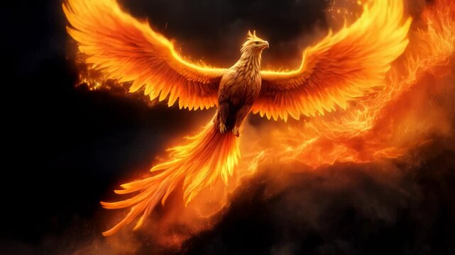 Majestic phoenix soaring through a fiery sky, showcasing its vibrant plumage and mythical beauty