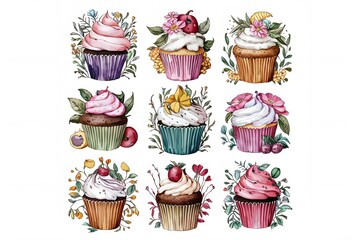Set of hand drawn cupcakes on white background. Vector illustration.
