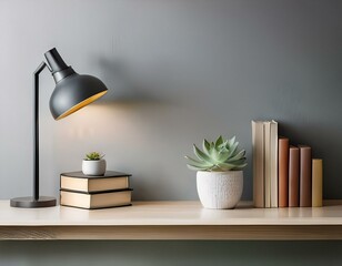aesthetic arrangement of a lamp, books, and a succulent plant on a minimalist shelf