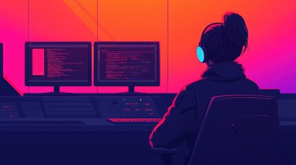 A digital illustration of a person wearing headphones, seated before dual monitors displaying code, surrounded by a vibrant, colorful background.