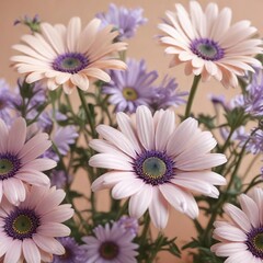 Fototapeta premium intricate details of daisy flowers on a soft peach background with subtle lilac hues, detail, petals, peach