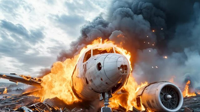 Plane crash aftermath with smoke and flames engulfing wreckage at the crash site