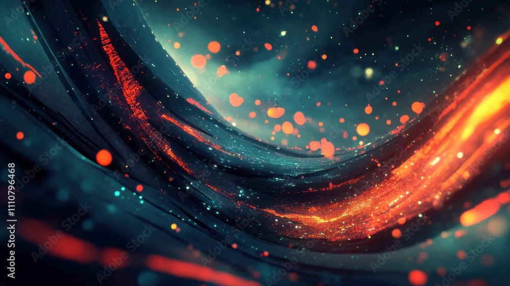Poster abstract flow of colorful light and particles in dark background