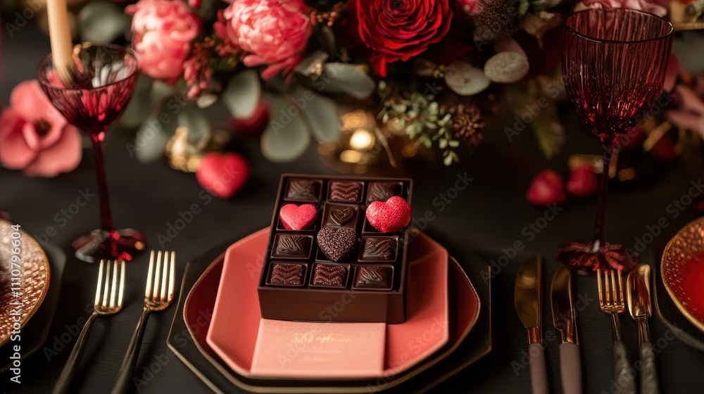 Poster a table with a chocolate box on it and a red napkin