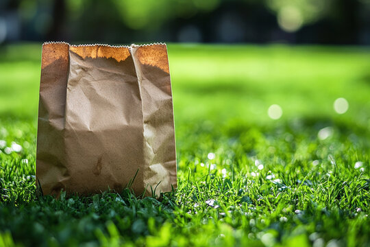 Eco-friendly packaging of biochar, sustainable environment. Paper bag of fertilizer on green field, with copy space