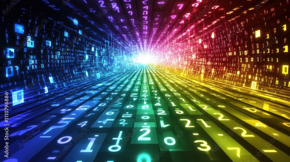 Poster colorful digital data stream with binary numbers on a black background