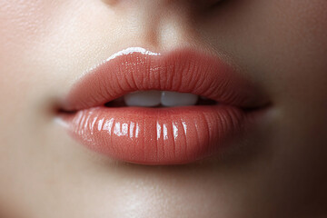 Fototapeta premium Natural look after lip filler. Fillers. Lip augmentation Beautiful and Perfect Lips. Mouth close-up. Beauty young woman Lips. Plastic surgery.