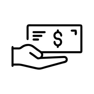 Hand holding dollar check icon, monthly paycheck symbol
