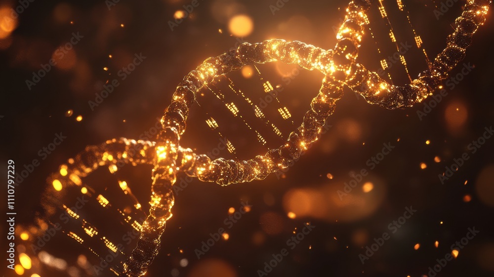 Poster glowing dna helix with sparkling particles in dark background