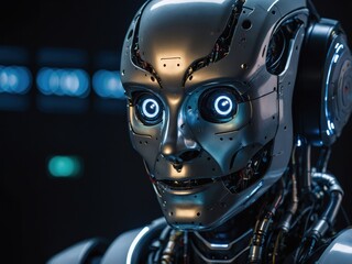 A close-up of a humanoid robot&rsquo;s face with glowing optical sensors scanning the environment in a high-tech control room, 4K resolution