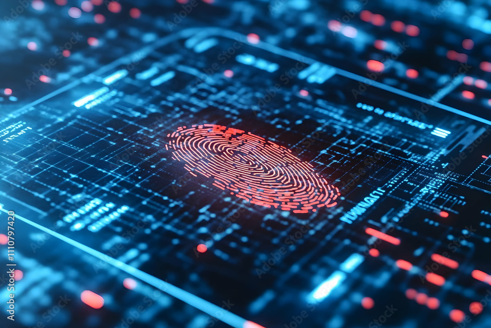 Poster digital fingerprint scan on a futuristic interface.