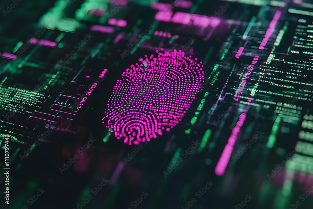 Poster digital fingerprint on a screen with code.