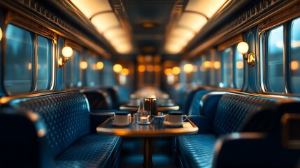 Luxurious train car interior with blue leather seating, tables, and warm lighting.