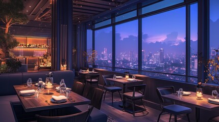 Upscale restaurant with city view at night. (1)