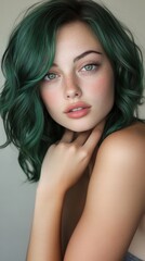 Naklejka premium A young Caucasian woman with green hair poses gently, showcasing her striking green eyes and natural beauty.