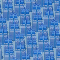 A pattern of blue gift boxes decorated with ribbons. 3D render background illustration on the theme of a holiday, Christmas or New Year