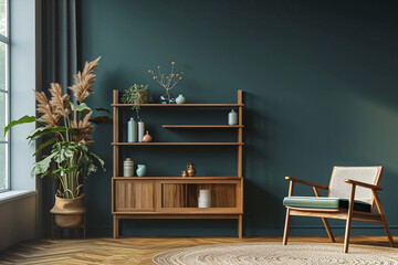Modern interior with armchair and shelving unit and console table dark green olive color wall background with copy space