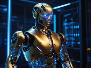 A humanoid robot with a transparent energy core, symbolizing futuristic technology and innovation, with glowing elements highlighting its advanced design