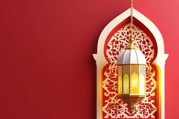 Ornate Arabic Lantern Against a Red Background. An elegant, intricately designed Arabic lantern hangs from a decorative archway against a vibrant red background.