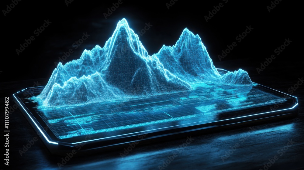 Poster futuristic data visualization of 3d mountain range in neon glow