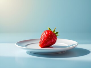  Close-up of ripe bright red strawberry with green leaves on white plate on light blue background. Studio photo, high quality and detail.