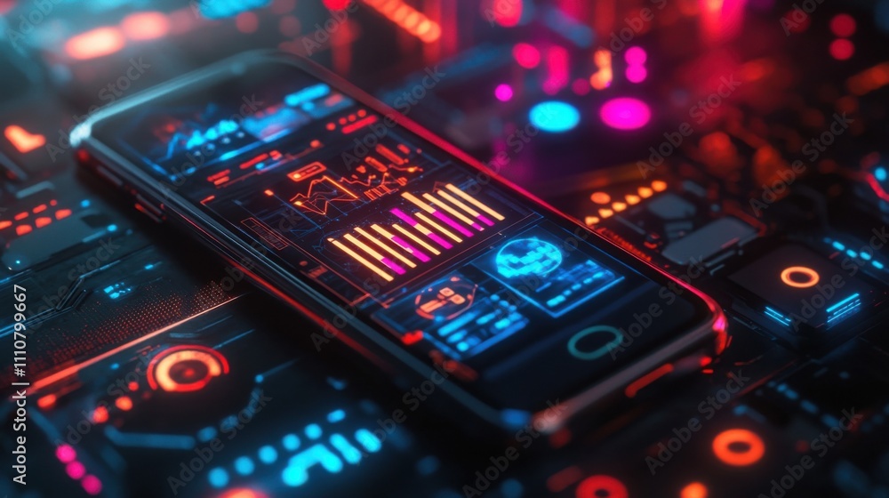 Wall mural futuristic smartphone displaying data visualization in neon lights