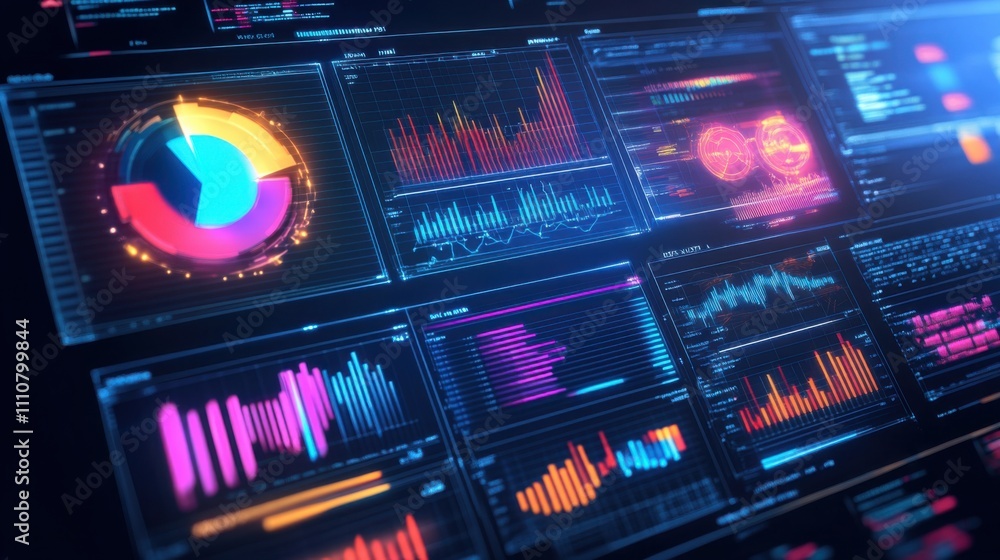 Poster dynamic data visualization dashboard with colorful charts and graphs