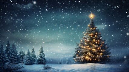 A Christmas tree in a snowy winter night with decorations and snowflakes in a festive holiday scene