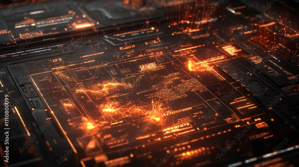 Poster futuristic digital interface with glowing elements and data flow