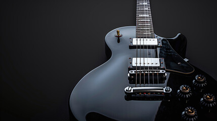 Close up of vintage black electric guitar on dark background. Copy space for logo or text, banner concept.	