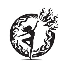  Fire dancer twirling flames silhouette vector art black color design and solid white background 