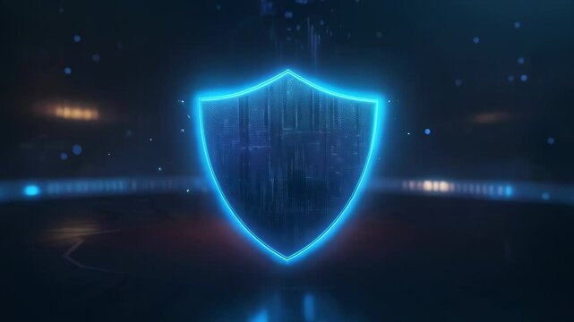 A glowing blue shield with an animated matrix effect in the center. The shield is surrounded by falling particles and light trails