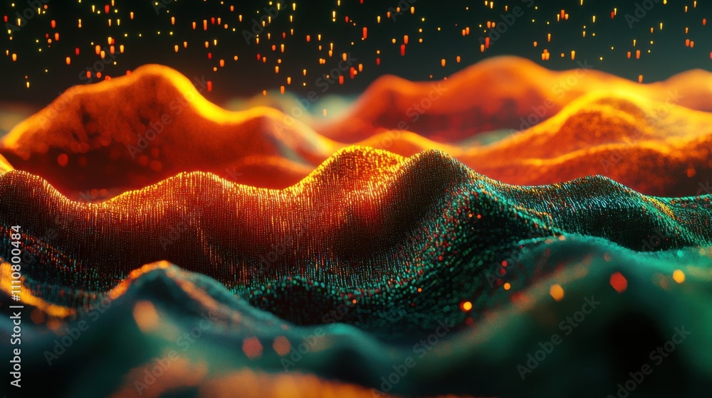 Poster abstract colorful waves with glowing particles in dark background