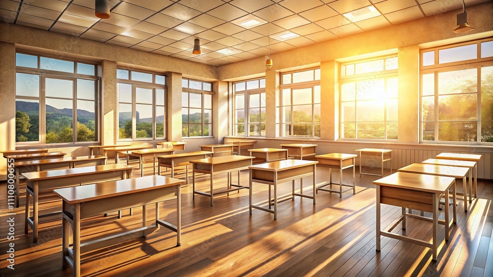 Poster sunlit empty classroom with wooden desks and large windows, showcasing a bright and inviting learnin
