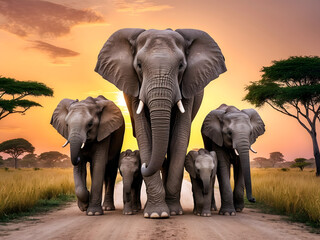 Obraz premium A serene image of an elephant family walking together at sunset, with the sky painted in warm hues