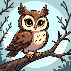 Charming cartoon owl perched on a branch surrounded by nature s serenity, digital illustration of character design concept.