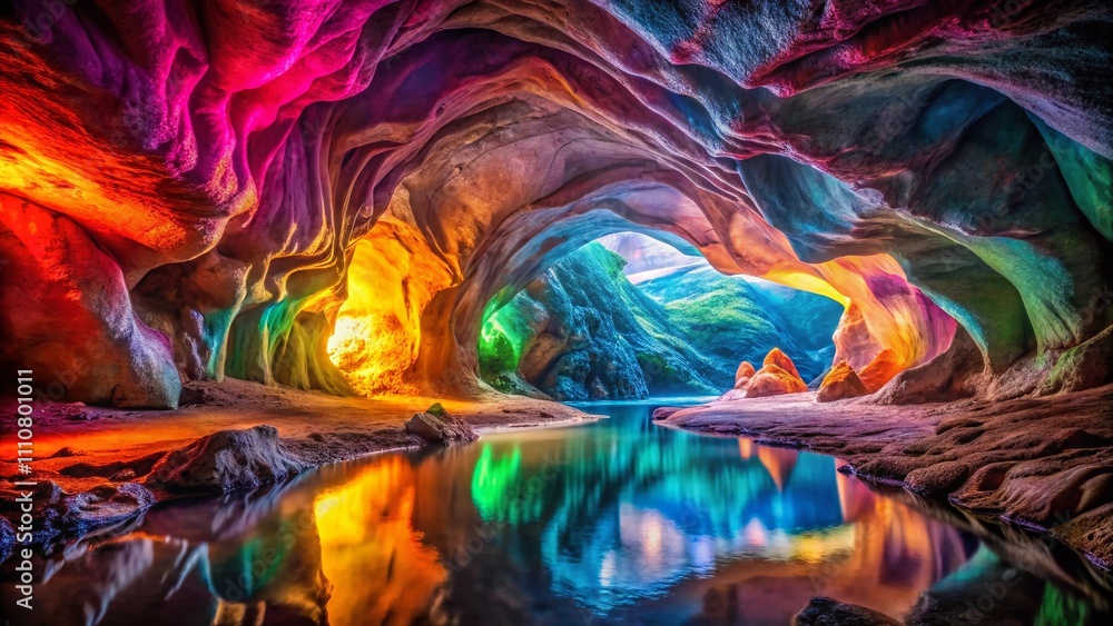 Poster surreal abstract cave with vibrant swirling patterns and a mystical glowing opening, inviting explor